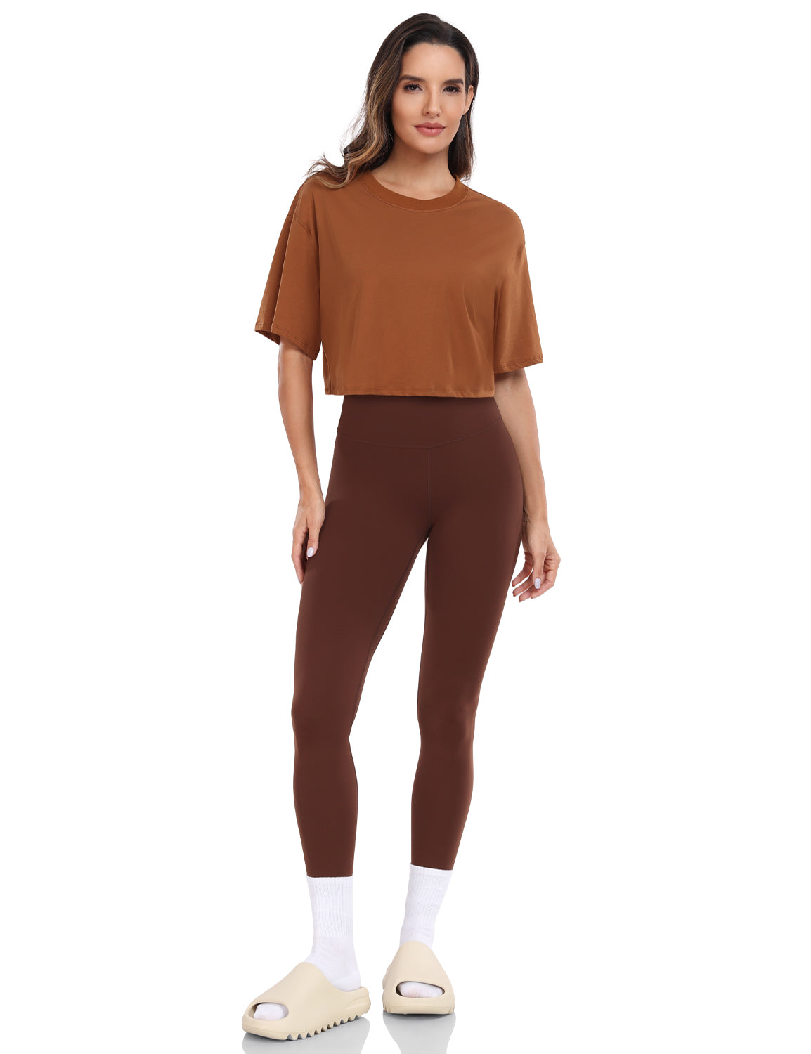 pima crew neck short sleeve crop tops Caramel