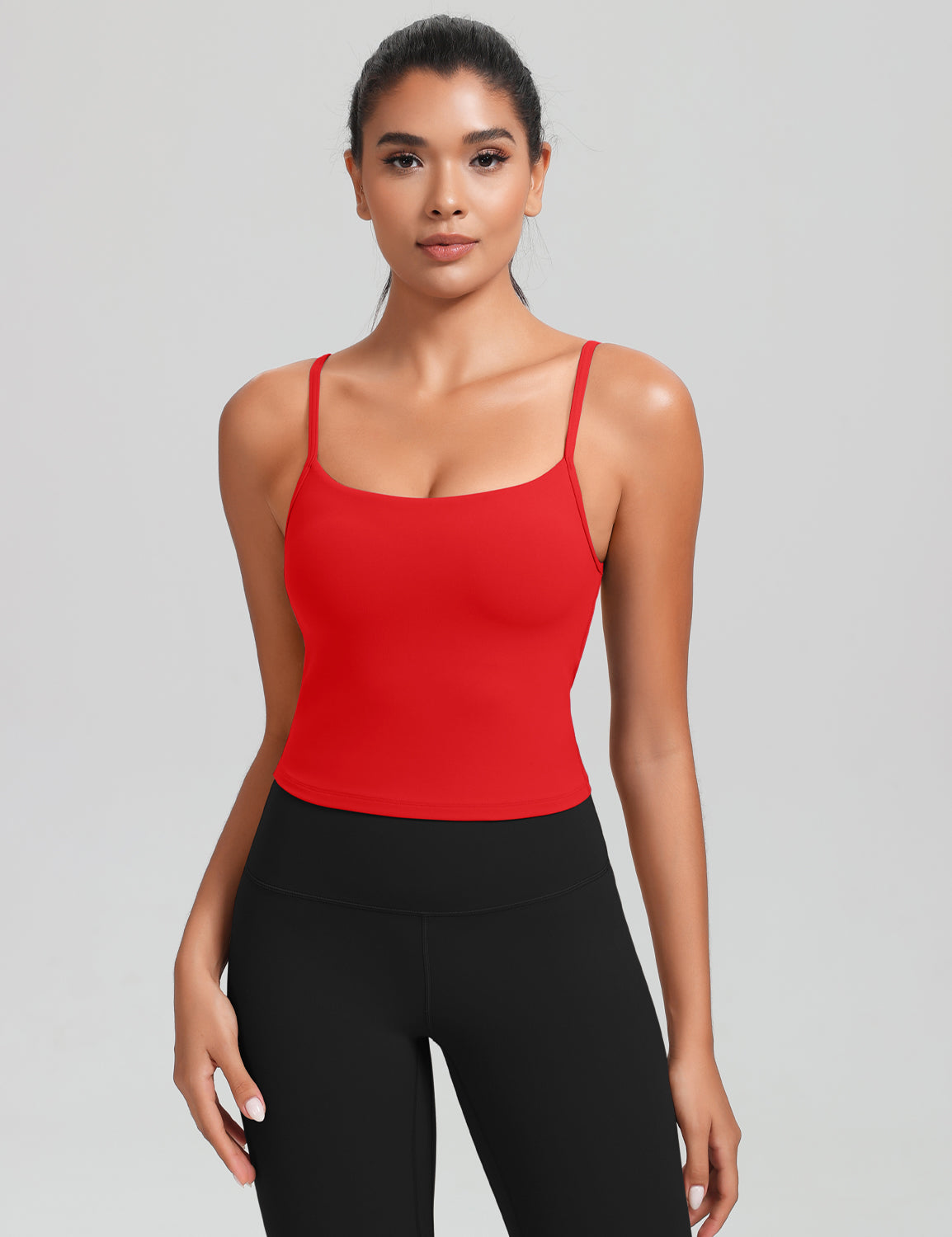 HeyNuts Cropped Cami Tank Top for Womens, Square Neck Spaghetti Strap Low Impact Yoga Longline Sports Bras Padded A-C Cups