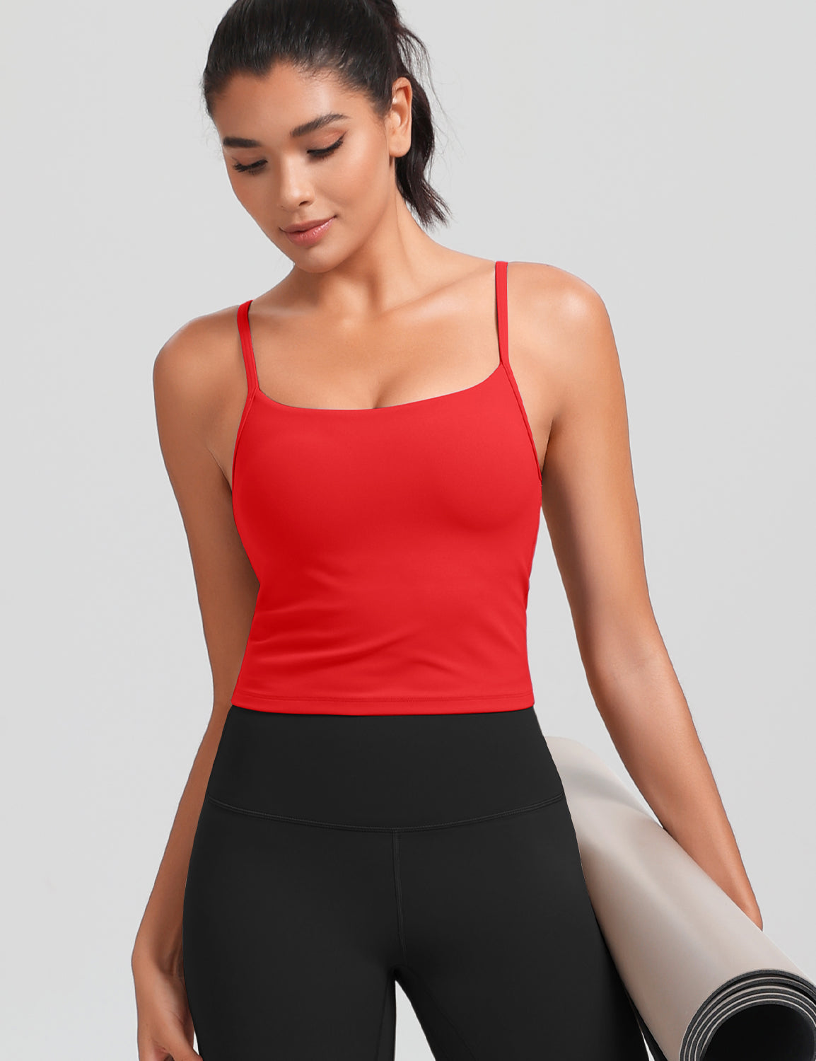 HeyNuts Cropped Cami Tank Top for Womens, Square Neck Spaghetti Strap Low Impact Yoga Longline Sports Bras Padded A-C Cups