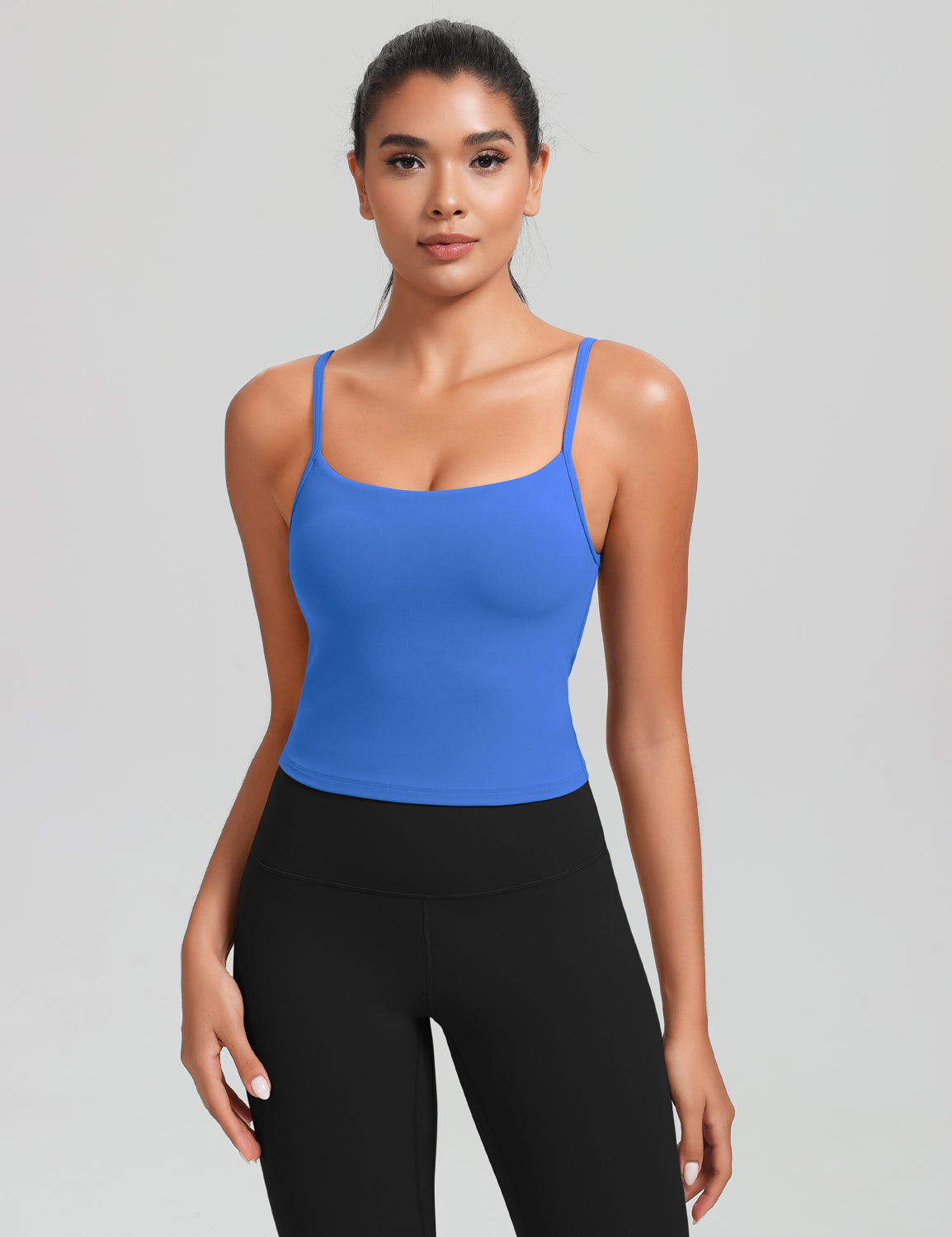 HeyNuts Cropped Cami Tank Top for Womens, Square Neck Spaghetti Strap Low Impact Yoga Longline Sports Bras Padded A-C Cups