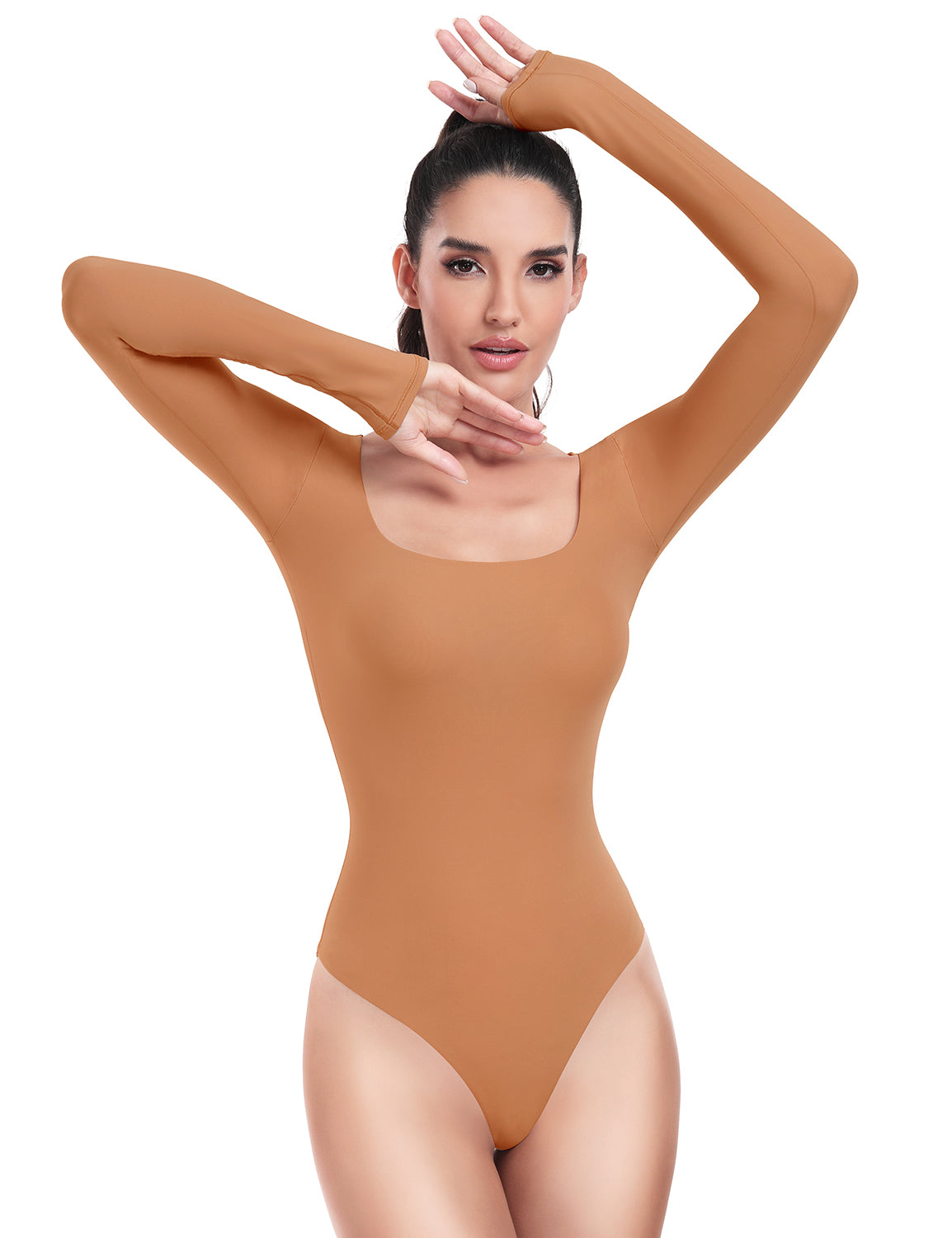 HeyNuts Women's Double Layer Long Sleeve Scoop Neck Thong Bodysuit, Ultra Soft Causal Tops Basic Tee