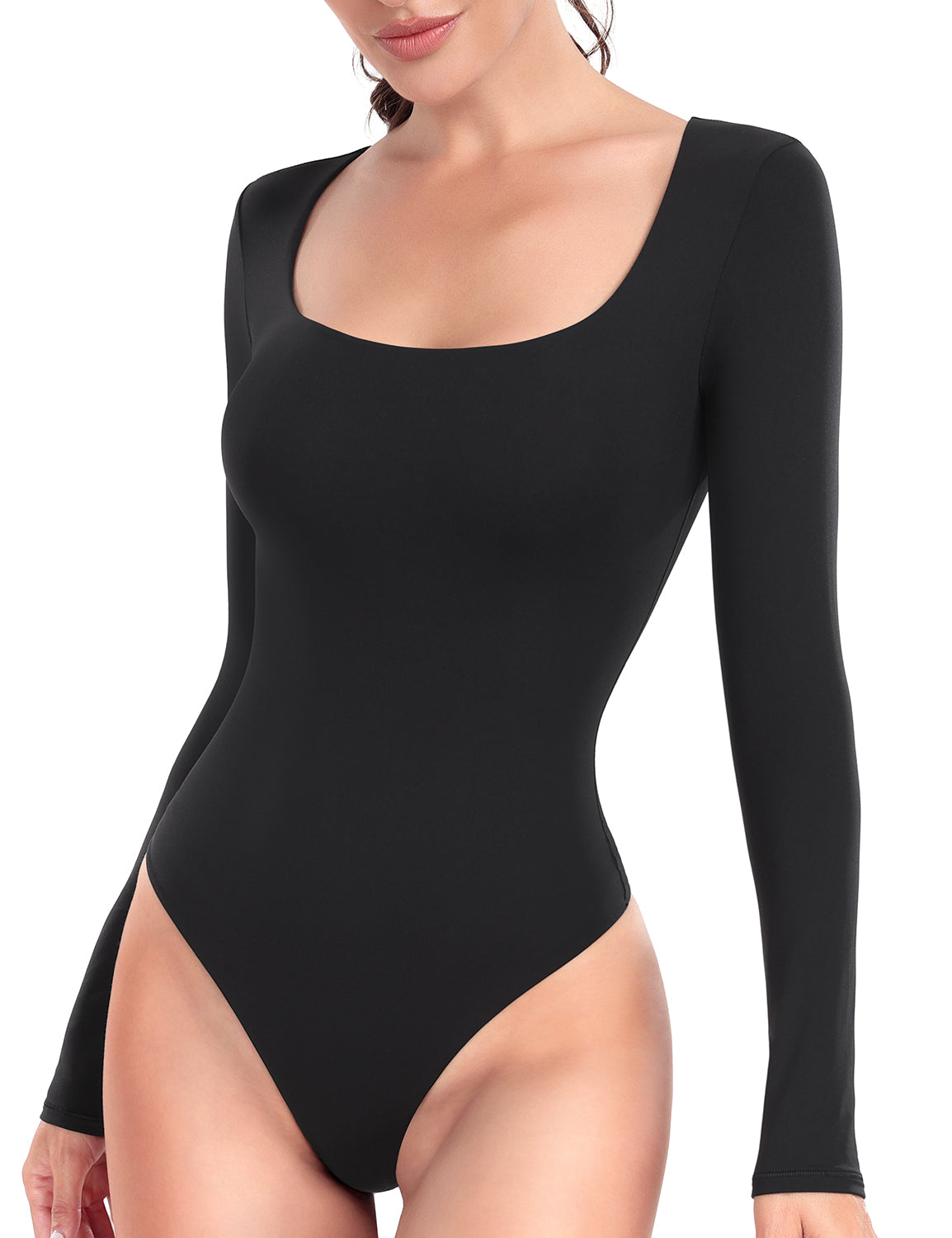 HeyNuts Women's Double Layer Long Sleeve Scoop Neck Thong Bodysuit, Ultra Soft Causal Tops Basic Tee