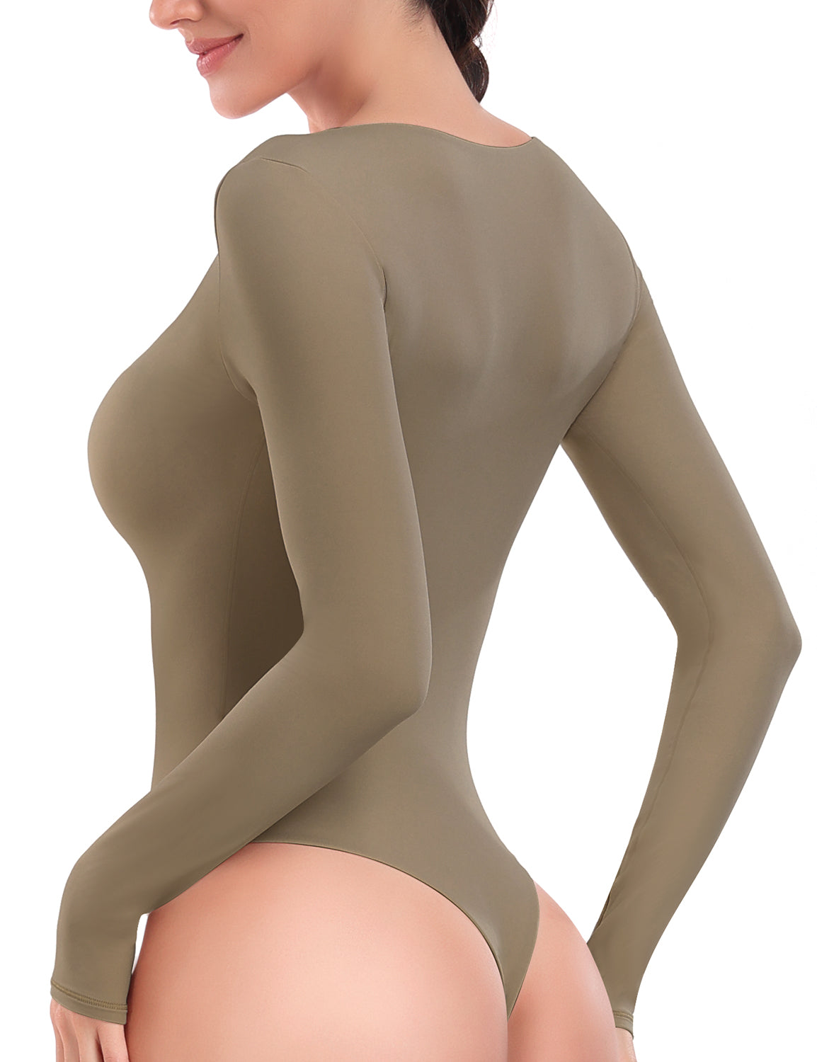HeyNuts Women's Double Layer Long Sleeve Scoop Neck Thong Bodysuit, Ultra Soft Causal Tops Basic Tee
