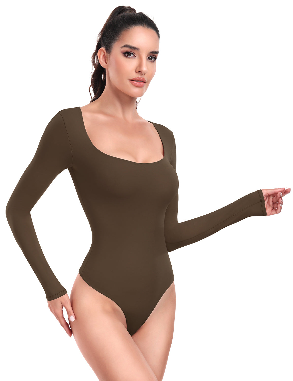 HeyNuts Women's Double Layer Long Sleeve Scoop Neck Thong Bodysuit, Ultra Soft Causal Tops Basic Tee