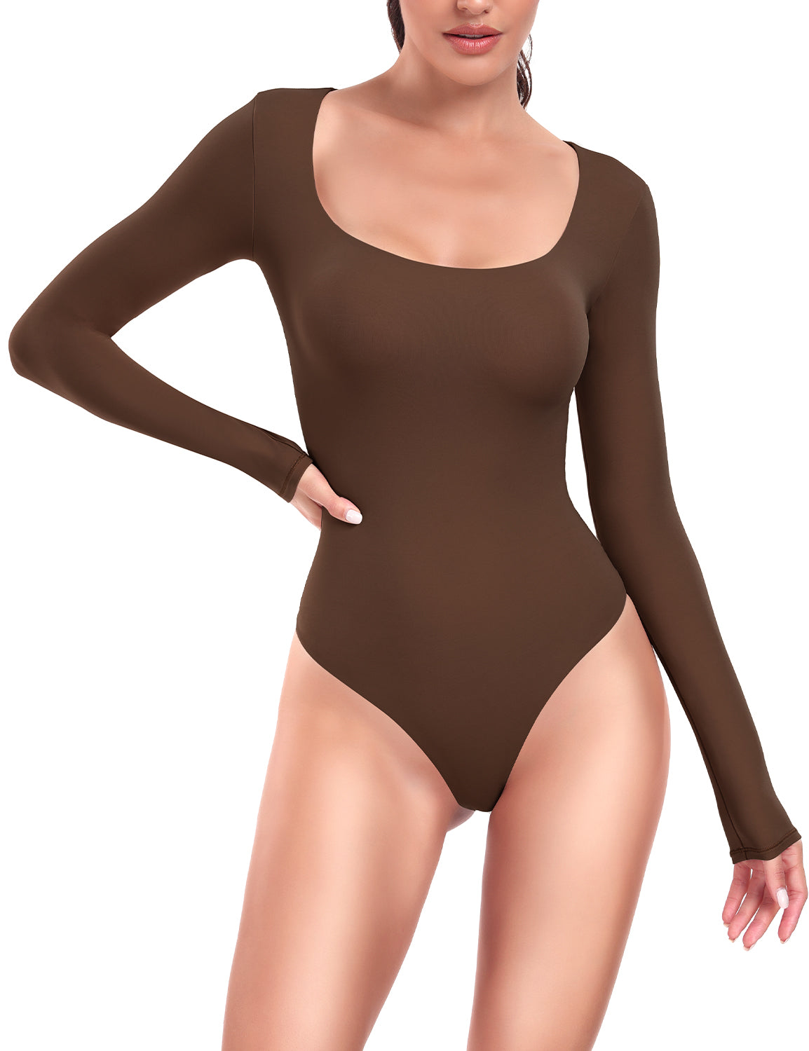 HeyNuts Women's Double Layer Long Sleeve Scoop Neck Thong Bodysuit, Ultra Soft Causal Tops Basic Tee