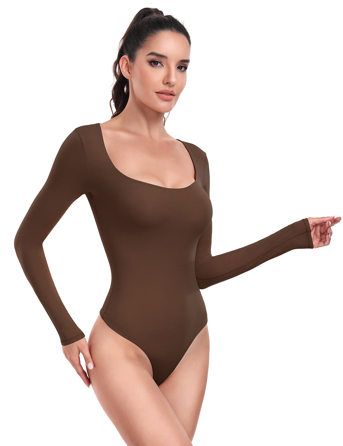 HeyNuts Women's Double Layer Long Sleeve Scoop Neck Thong Bodysuit, Ultra Soft Causal Tops Basic Tee