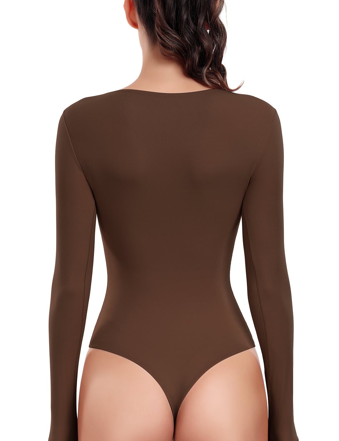 HeyNuts Women's Double Layer Long Sleeve Scoop Neck Thong Bodysuit, Ultra Soft Causal Tops Basic Tee