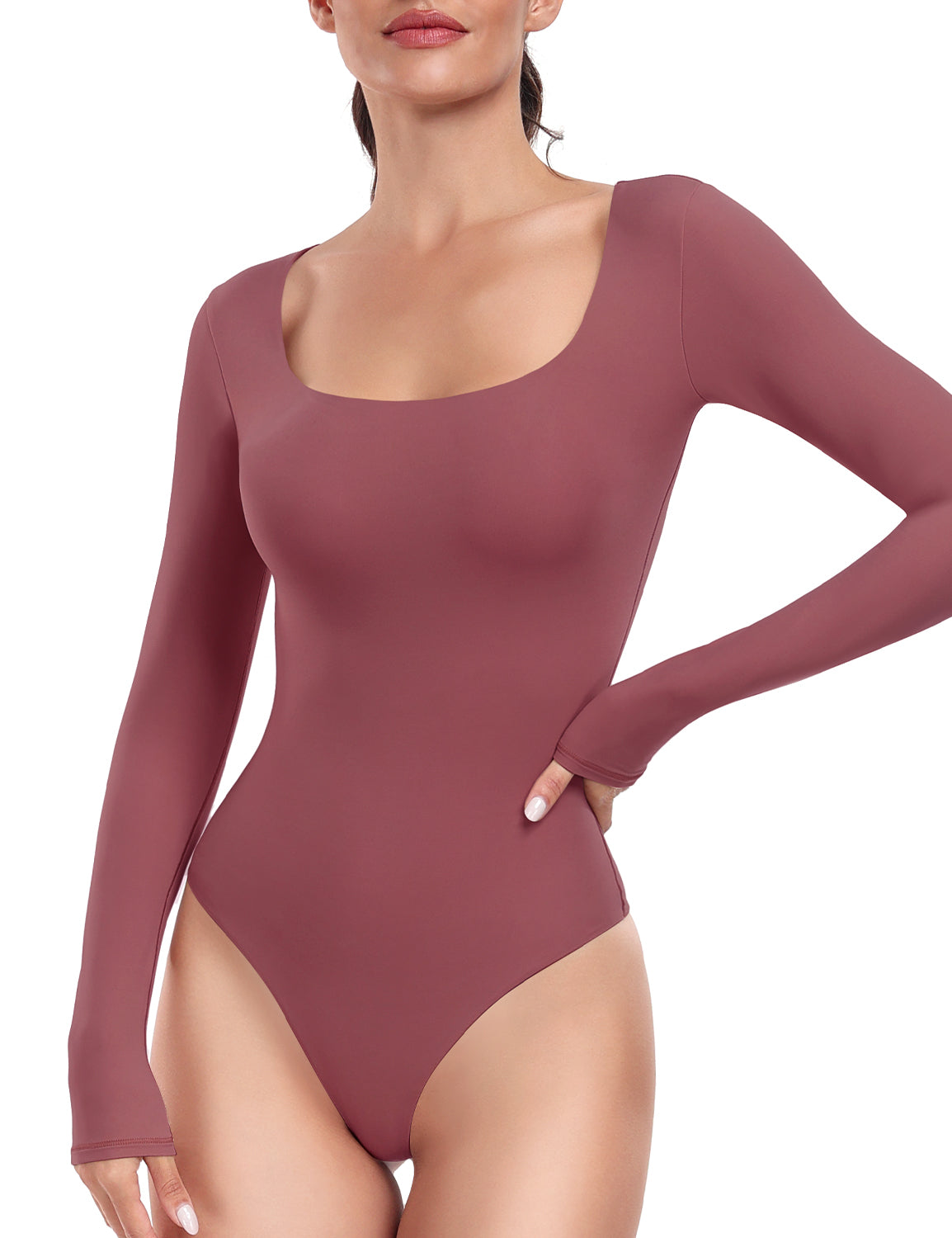 HeyNuts Women's Double Layer Long Sleeve Scoop Neck Thong Bodysuit, Ultra Soft Causal Tops Basic Tee