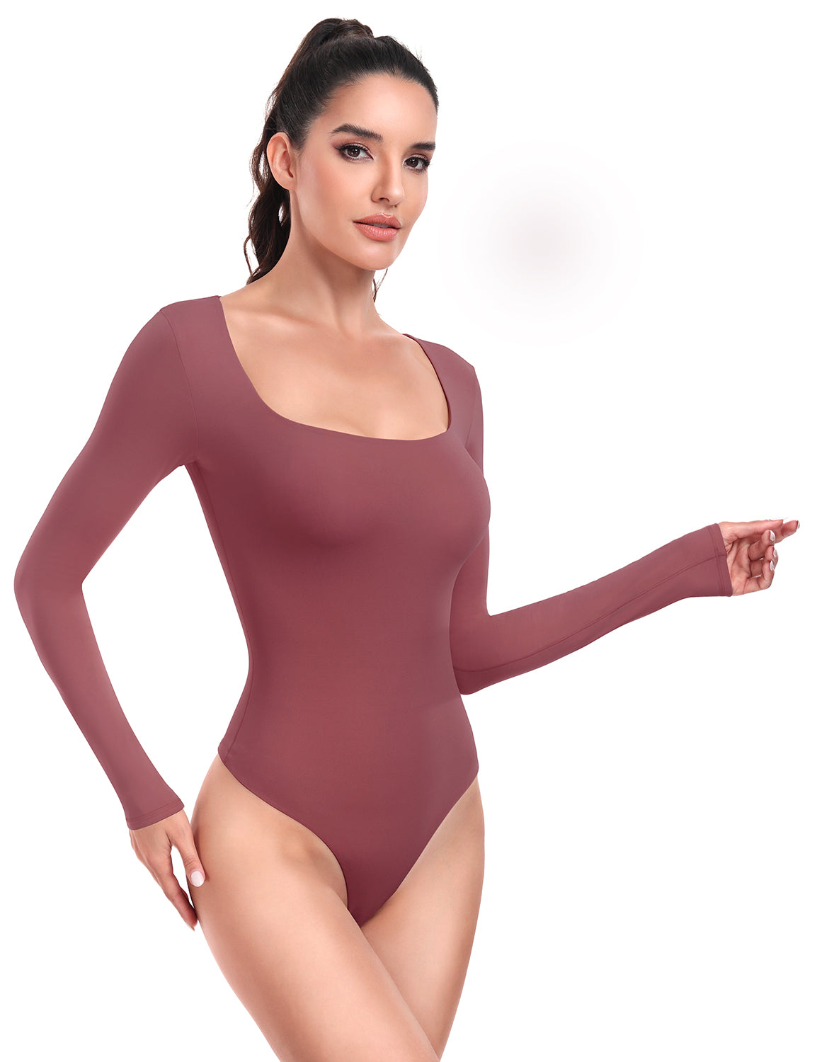 HeyNuts Women's Double Layer Long Sleeve Scoop Neck Thong Bodysuit, Ultra Soft Causal Tops Basic Tee