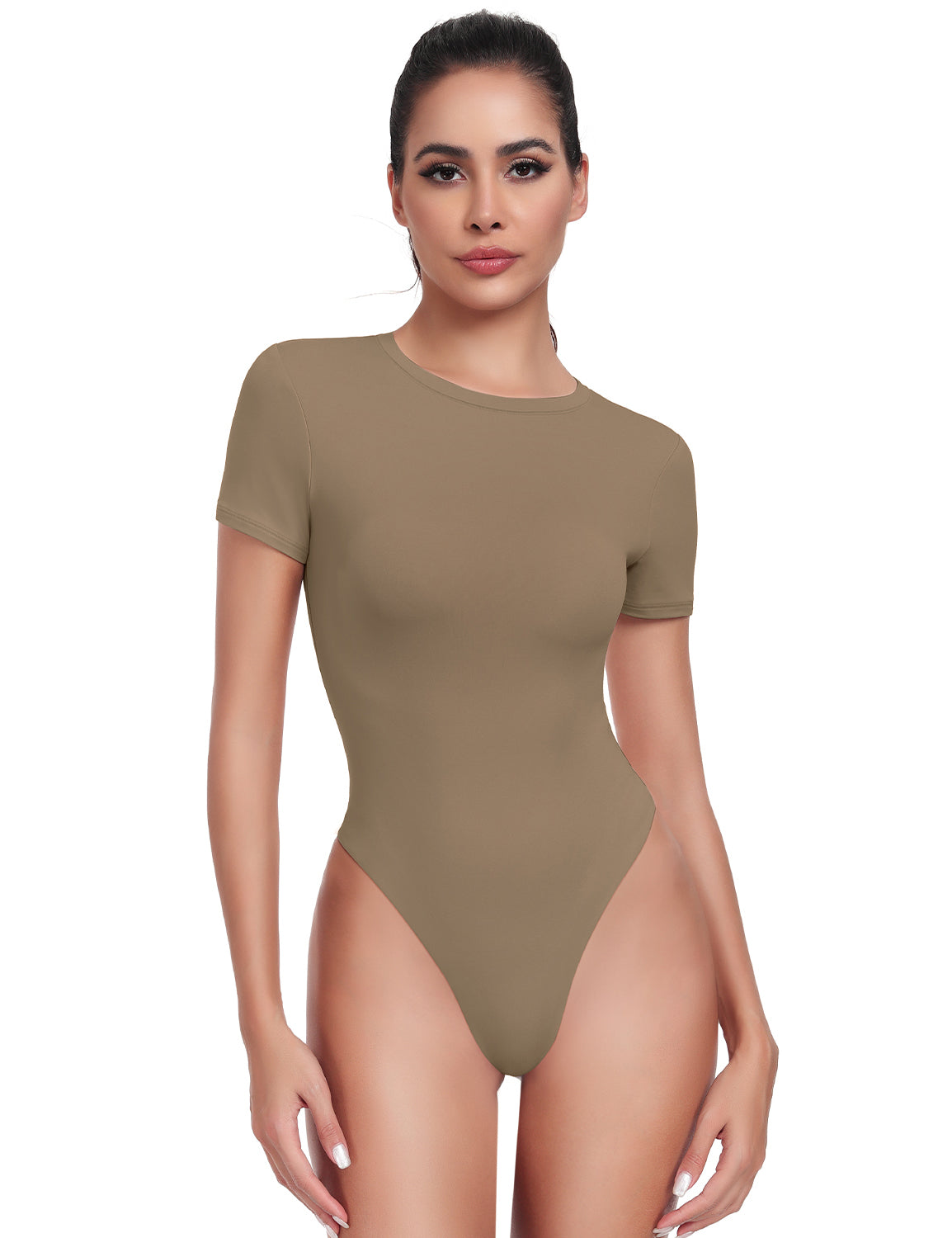 HeyNuts Women's Double Layer Ultra Soft Short Sleeve Crew Neck Thong Back T-Shirts Bodysuit, Causal Tops Basic Tee