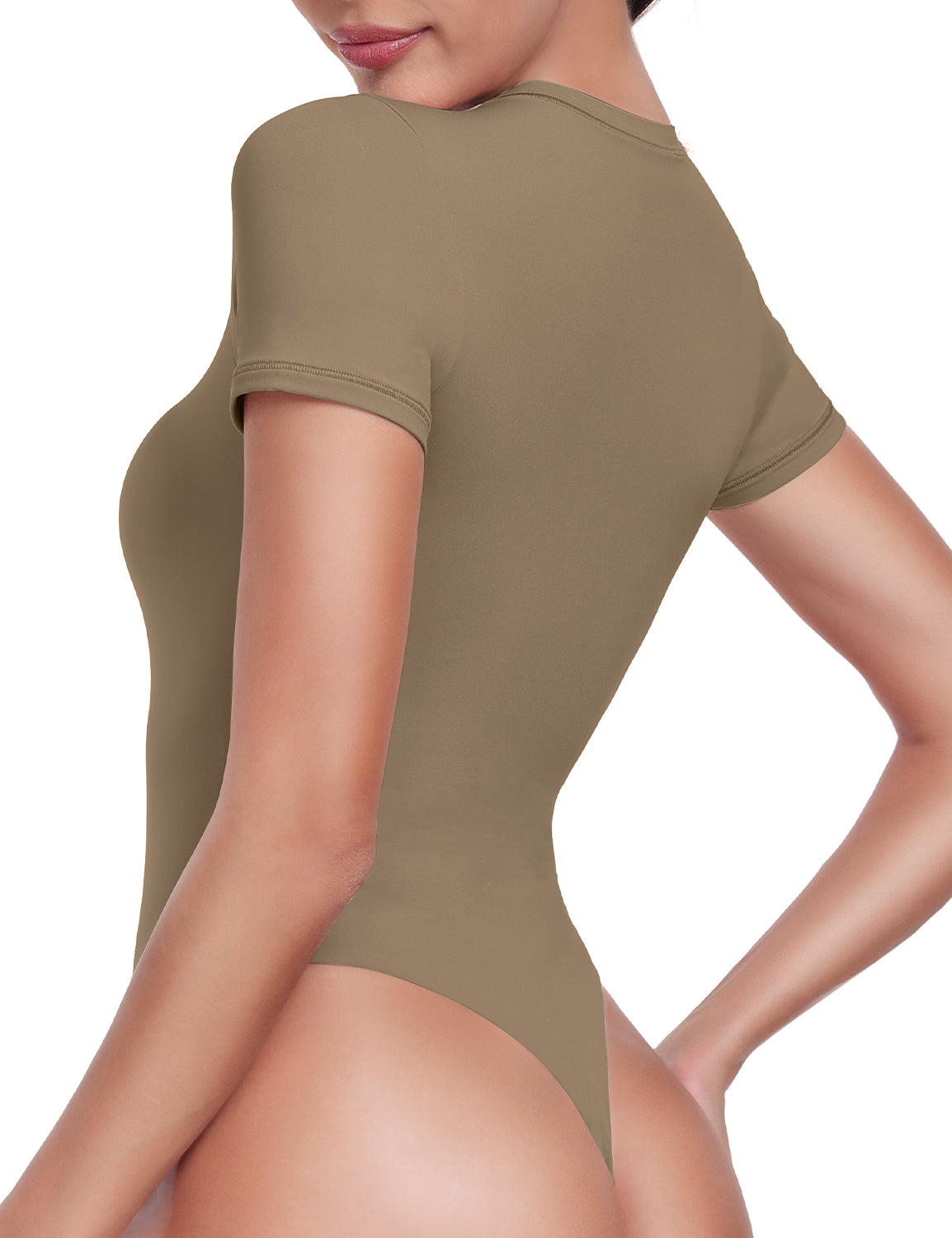 HeyNuts Women's Double Layer Ultra Soft Short Sleeve Crew Neck Thong Back T-Shirts Bodysuit, Causal Tops Basic Tee