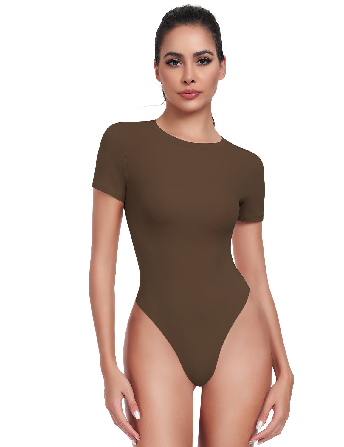 HeyNuts Women's Double Layer Ultra Soft Short Sleeve Crew Neck Thong Back T-Shirts Bodysuit, Causal Tops Basic Tee