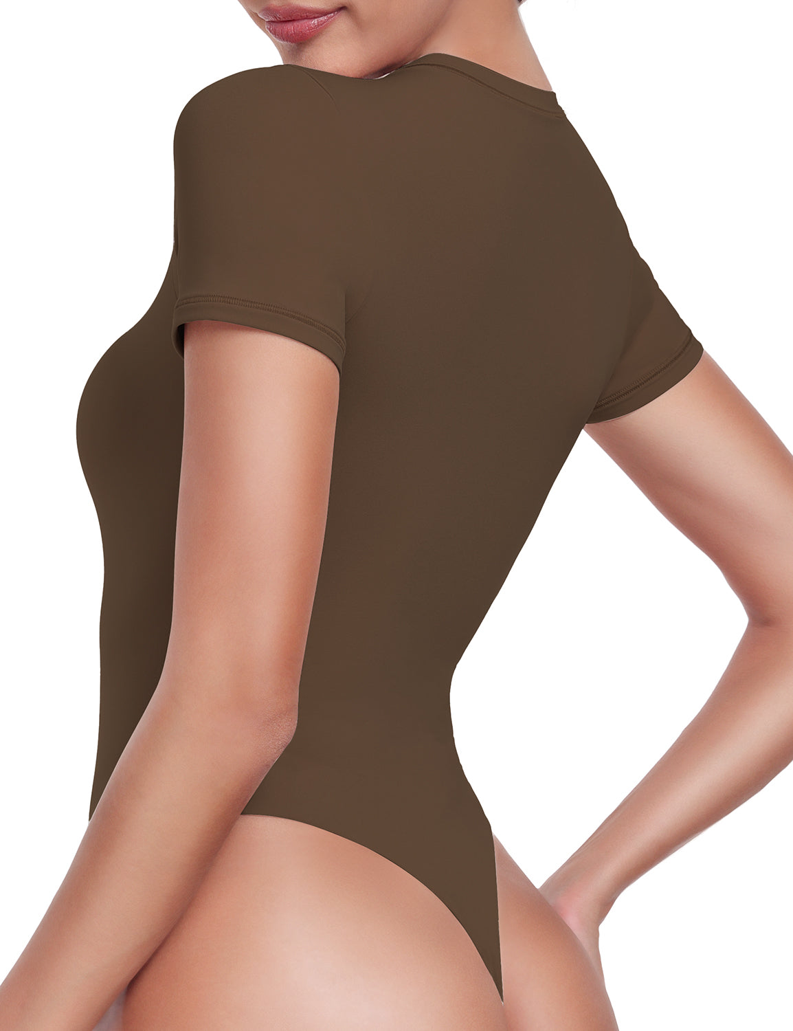 HeyNuts Women's Double Layer Ultra Soft Short Sleeve Crew Neck Thong Back T-Shirts Bodysuit, Causal Tops Basic Tee
