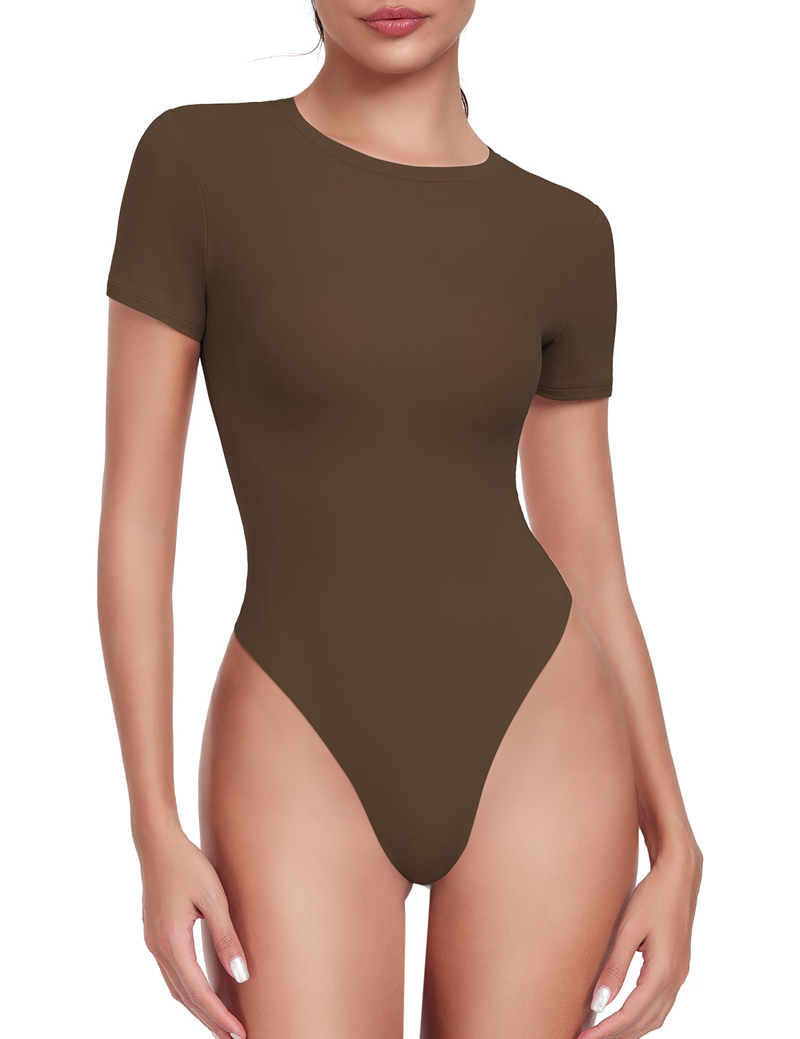 HeyNuts Women's Double Layer Ultra Soft Short Sleeve Crew Neck Thong Back T-Shirts Bodysuit, Causal Tops Basic Tee