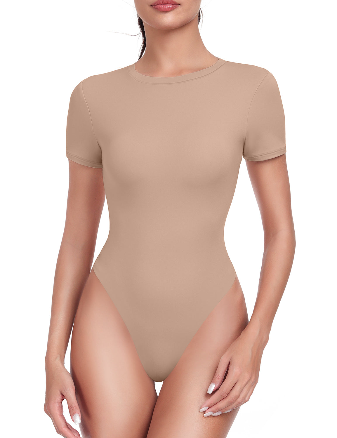 HeyNuts Women's Double Layer Ultra Soft Short Sleeve Crew Neck Thong Back T-Shirts Bodysuit, Causal Tops Basic Tee
