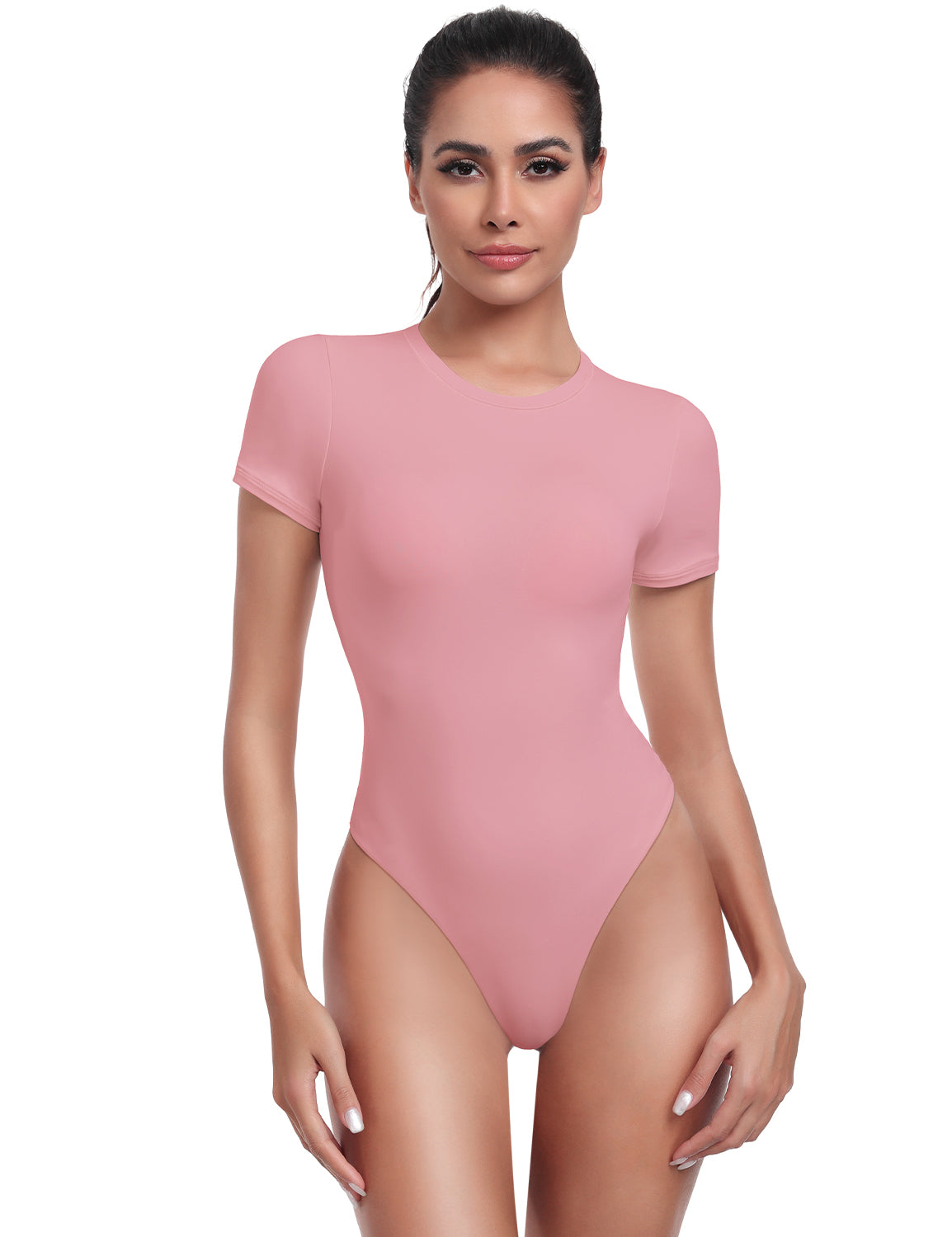 HeyNuts Women's Double Layer Ultra Soft Short Sleeve Crew Neck Thong Back T-Shirts Bodysuit, Causal Tops Basic Tee