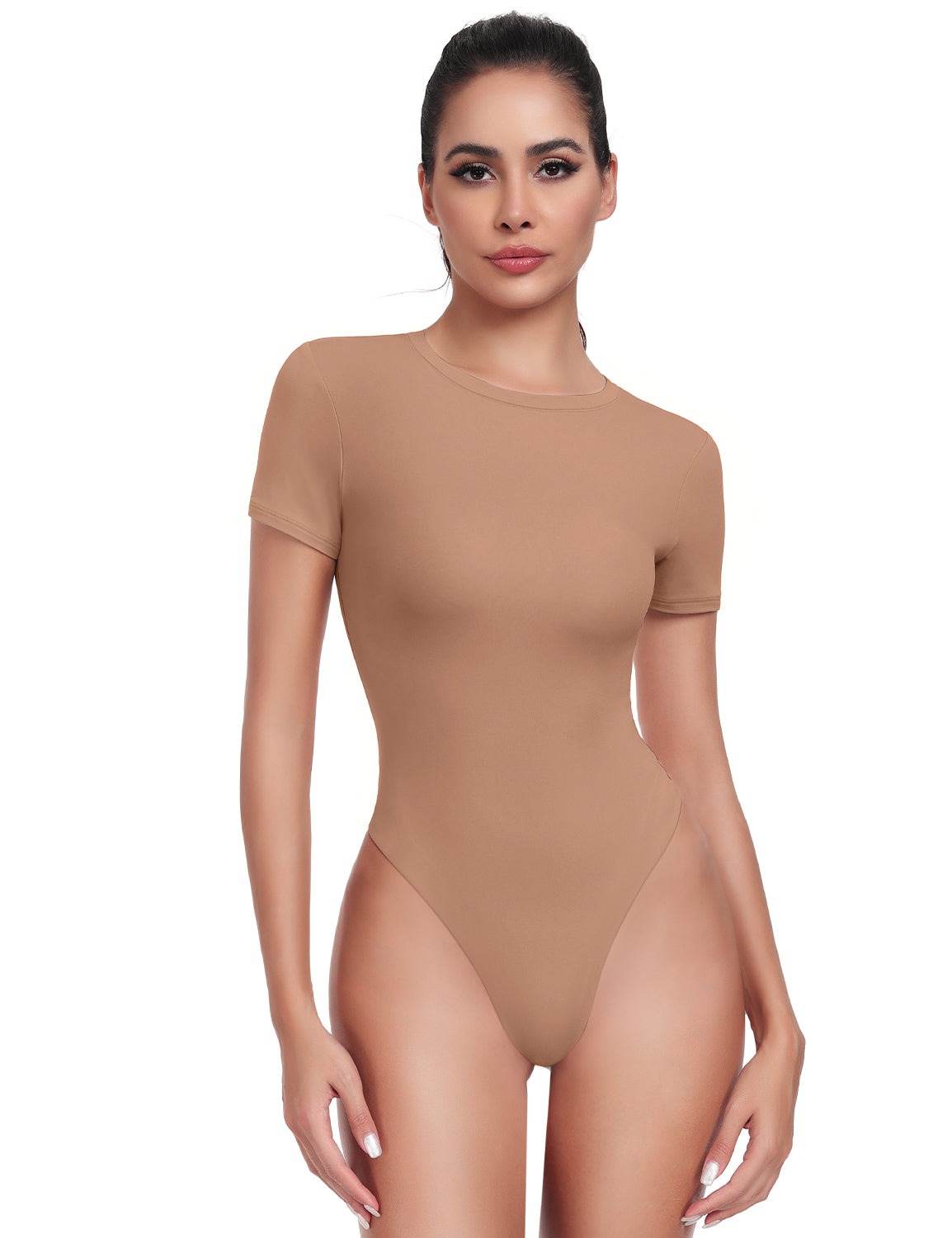 HeyNuts Women's Double Layer Ultra Soft Short Sleeve Crew Neck Thong Back T-Shirts Bodysuit, Causal Tops Basic Tee