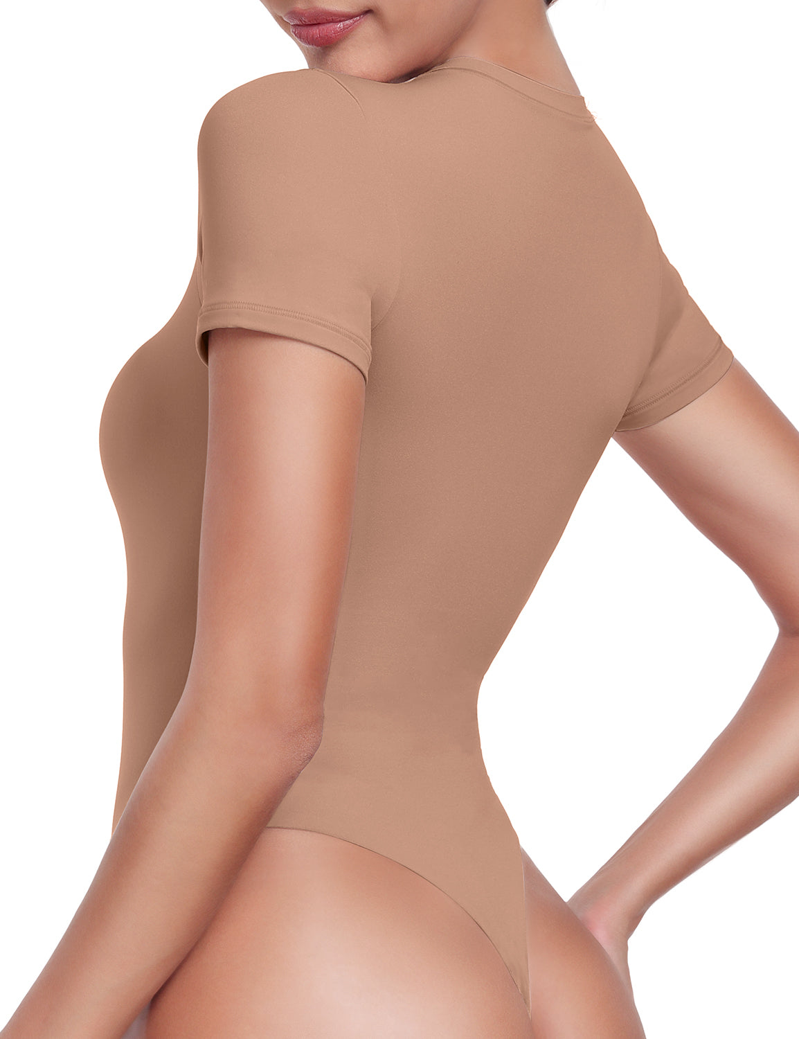 HeyNuts Women's Double Layer Ultra Soft Short Sleeve Crew Neck Thong Back T-Shirts Bodysuit, Causal Tops Basic Tee