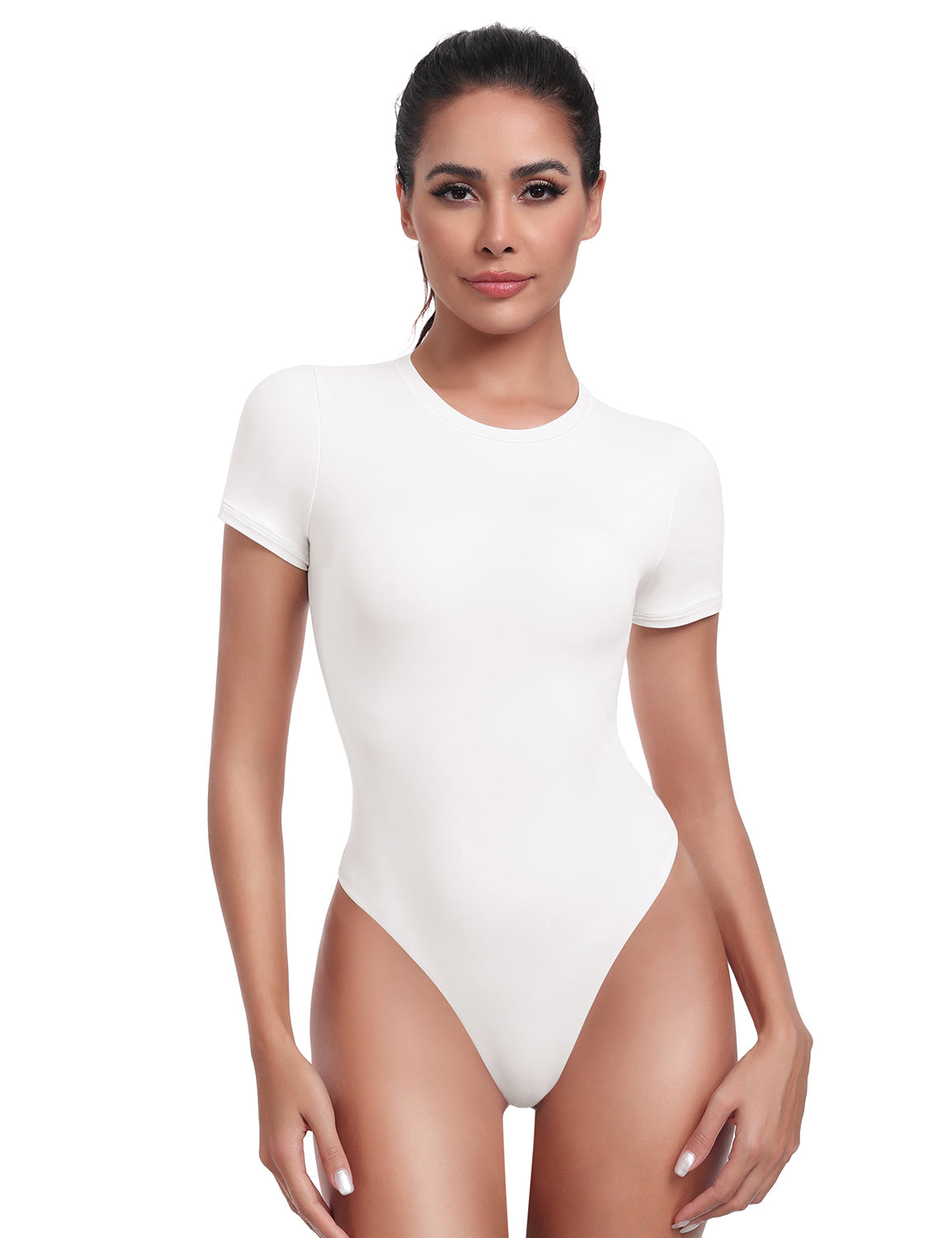 HeyNuts Women's Double Layer Ultra Soft Short Sleeve Crew Neck Thong Back T-Shirts Bodysuit, Causal Tops Basic Tee