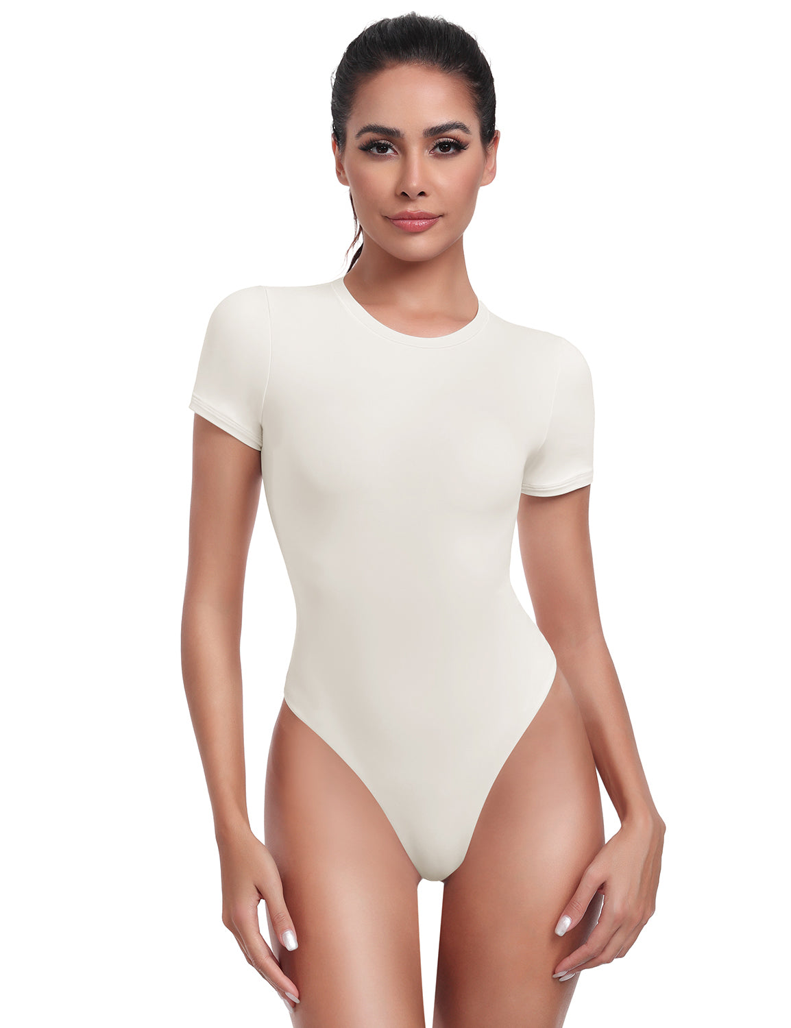HeyNuts Women's Double Layer Ultra Soft Short Sleeve Crew Neck Thong Back T-Shirts Bodysuit, Causal Tops Basic Tee