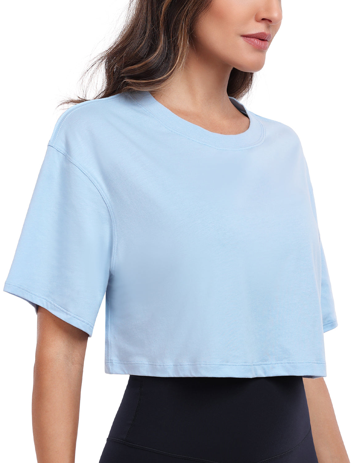 pima crew neck short sleeve crop tops Blue Linen