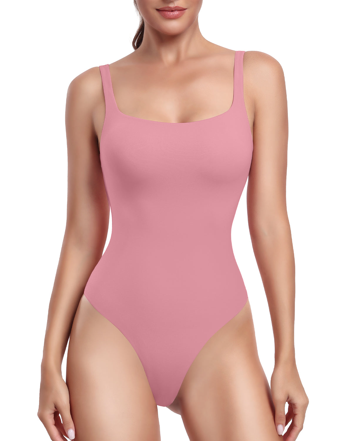 HeyNuts Women's Double Layer Square Neck Sleeveless Thong Bodysuit, Ultra Soft Backless Causal Tank Tops