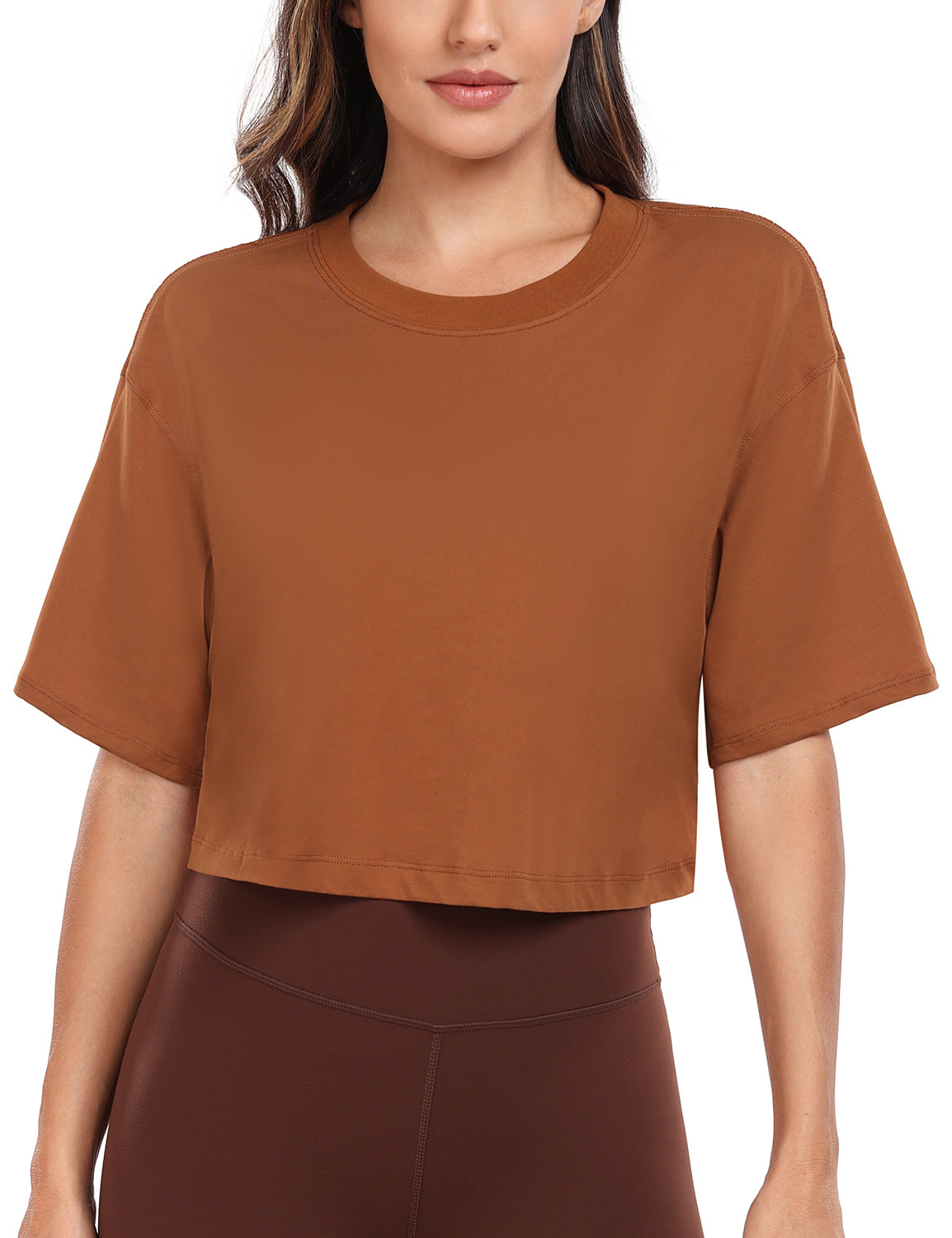 pima crew neck short sleeve crop tops Caramel