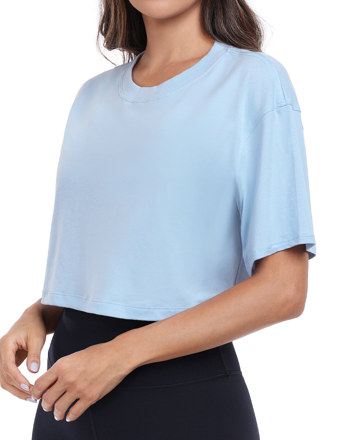 pima crew neck short sleeve crop tops Blue Linen