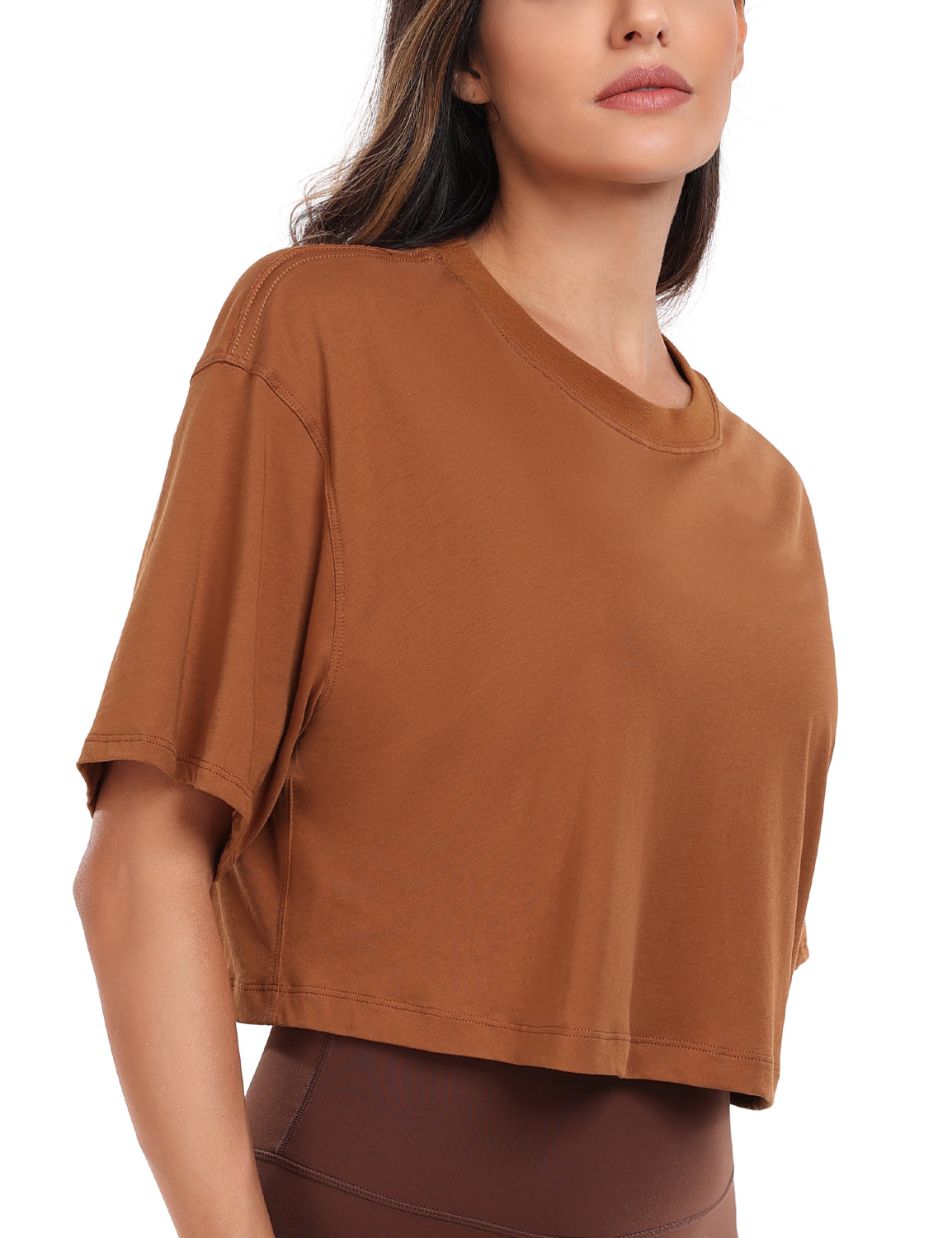 pima crew neck short sleeve crop tops Caramel