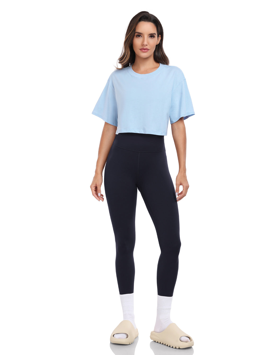 pima crew neck short sleeve crop tops Blue Linen