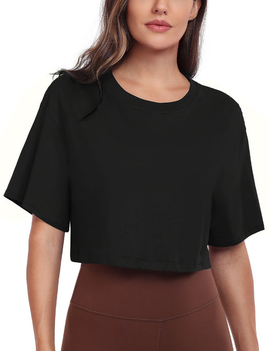 pima crew neck short sleeve crop tops Black