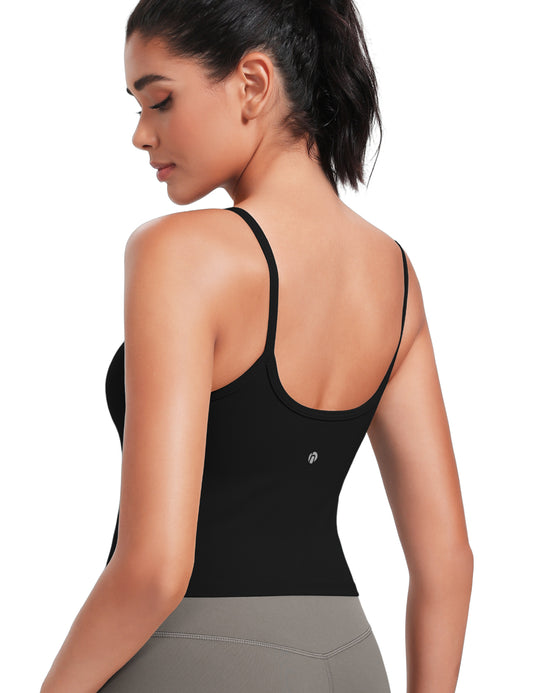 HeyNuts Cropped Cami Tank Top for Womens, Square Neck Spaghetti Strap Low Impact Yoga Longline Sports Bras Padded A-C Cups