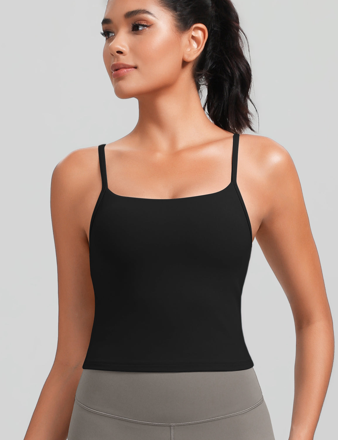 HeyNuts Cropped Cami Tank Top for Womens, Square Neck Spaghetti Strap Low Impact Yoga Longline Sports Bras Padded A-C Cups