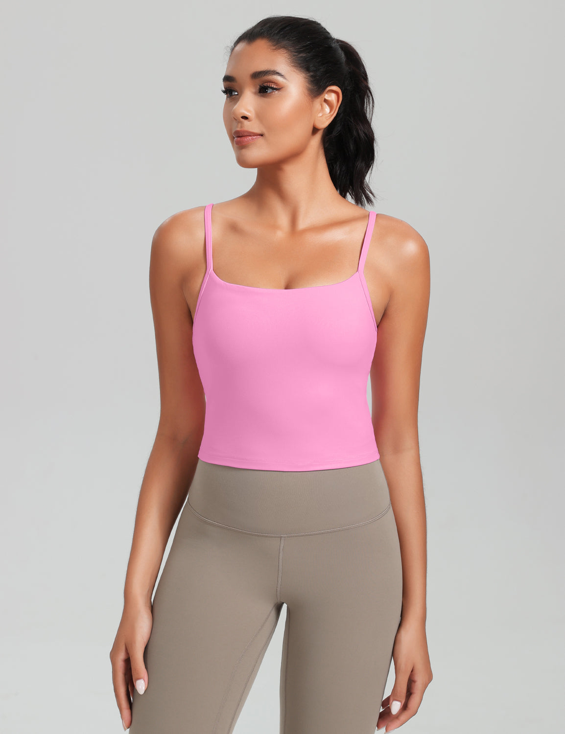 HeyNuts Cropped Cami Tank Top for Womens, Square Neck Spaghetti Strap Low Impact Yoga Longline Sports Bras Padded A-C Cups