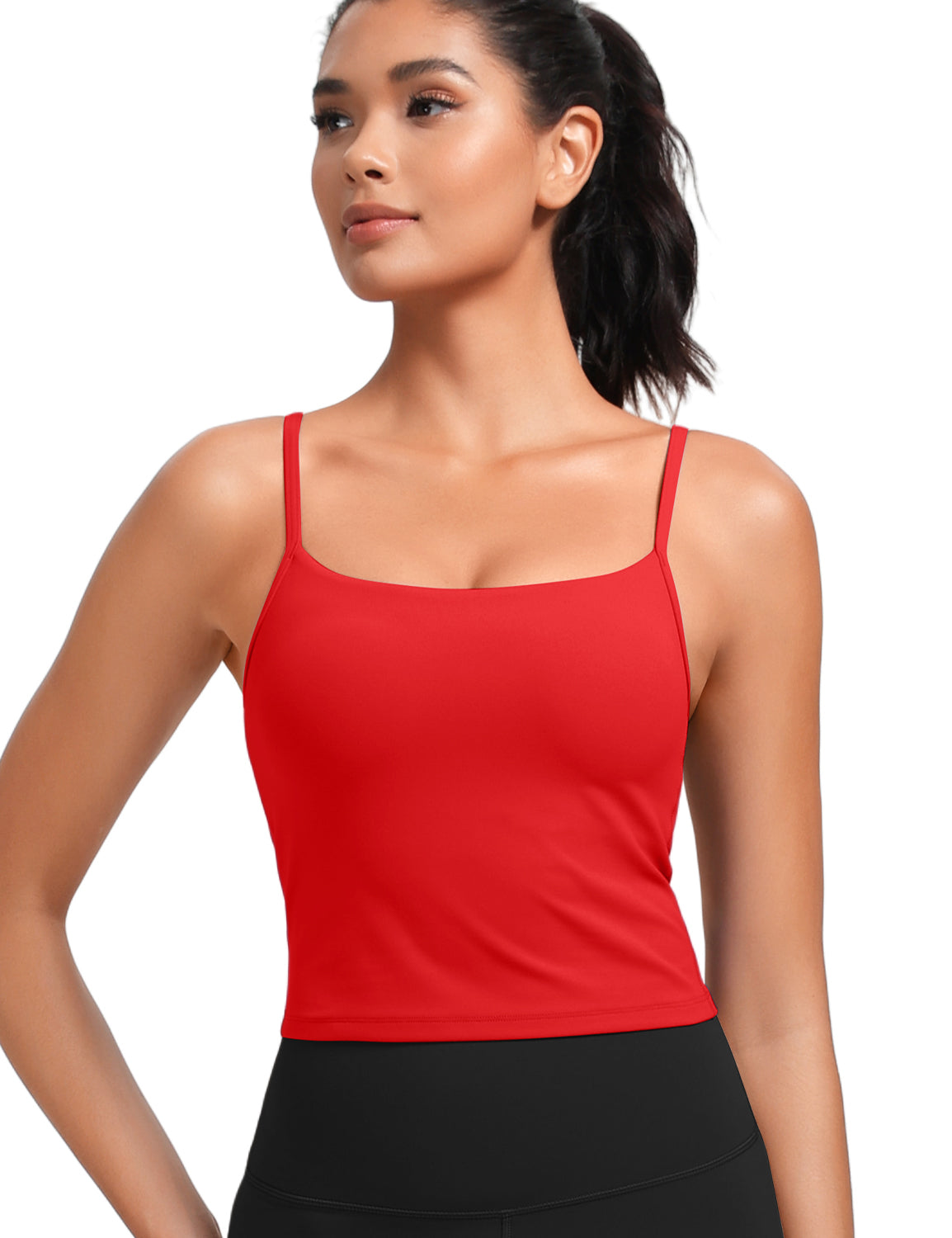 HeyNuts Cropped Cami Tank Top for Womens, Square Neck Spaghetti Strap Low Impact Yoga Longline Sports Bras Padded A-C Cups
