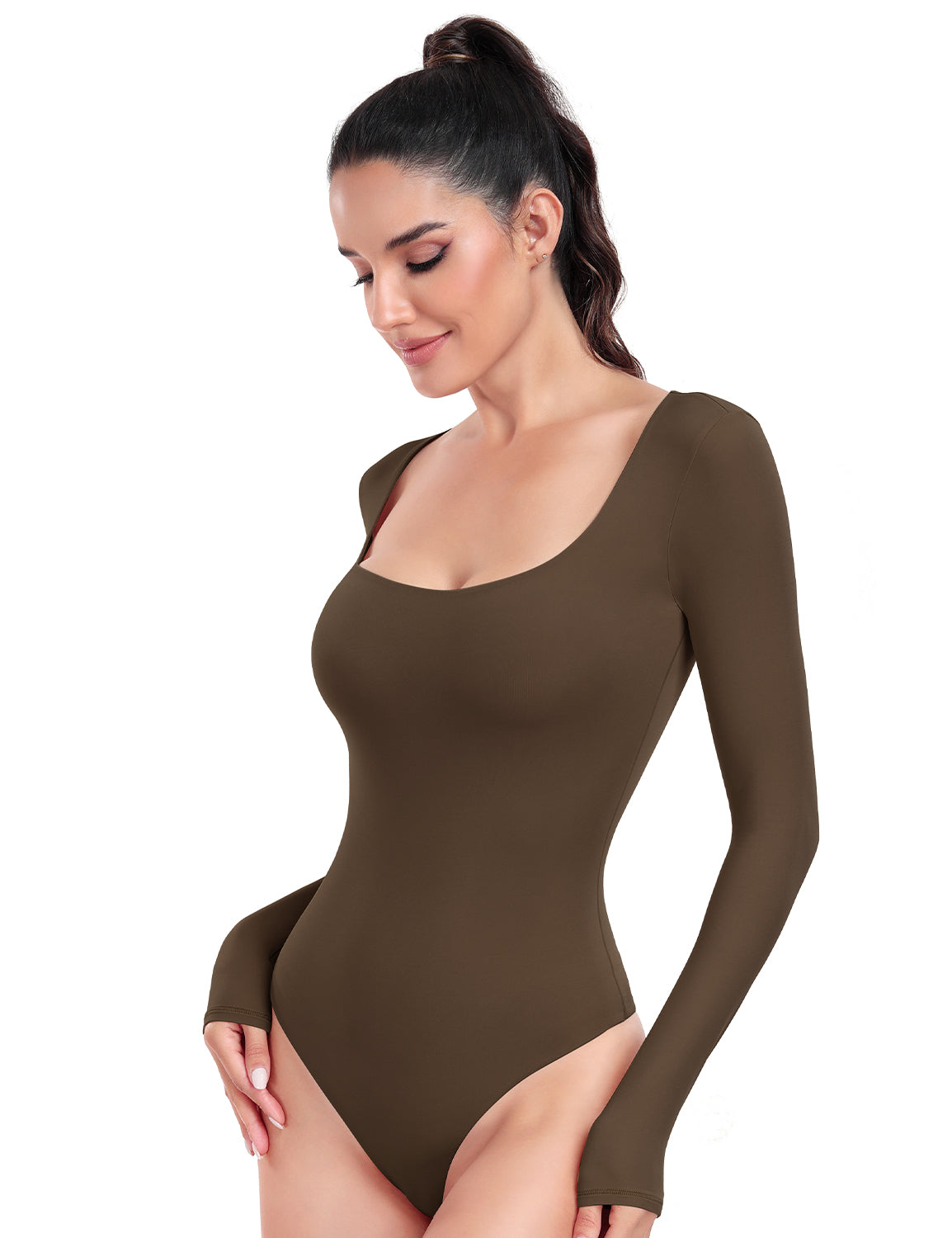 HeyNuts Women's Double Layer Long Sleeve Scoop Neck Thong Bodysuit, Ultra Soft Causal Tops Basic Tee