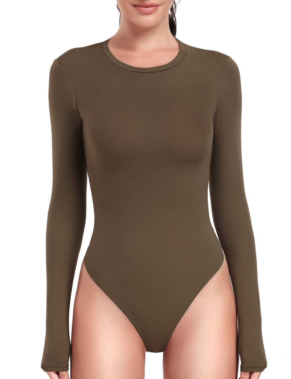 Long Sleeve Crew Neck Bodysuit Carob Brown